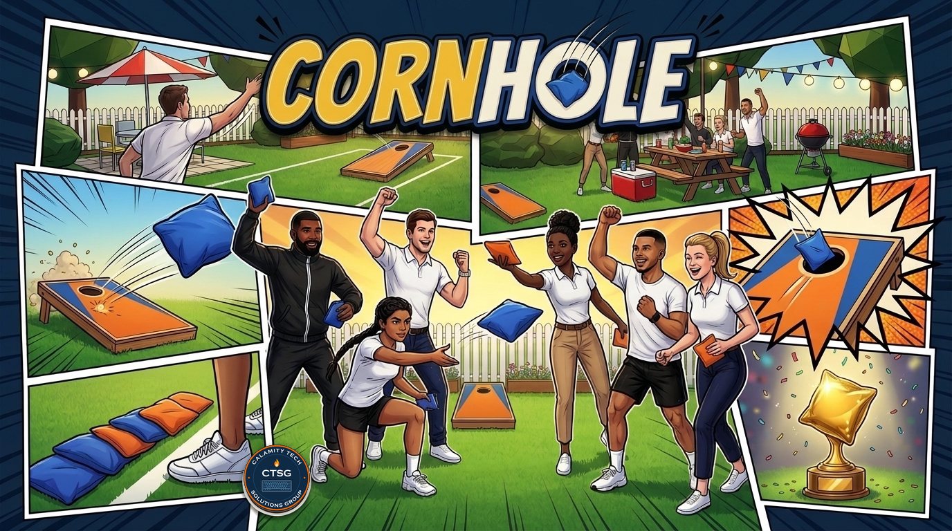 Cornhole: six friends tossing bags on a turf backyard, Blue against Orange