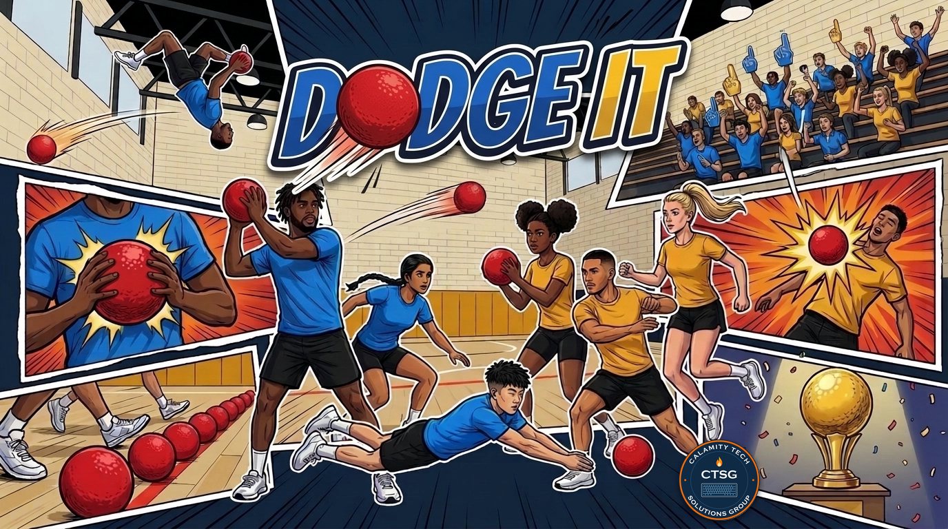 Dodge It: six athletes in a dodgeball match, Blue against Gold